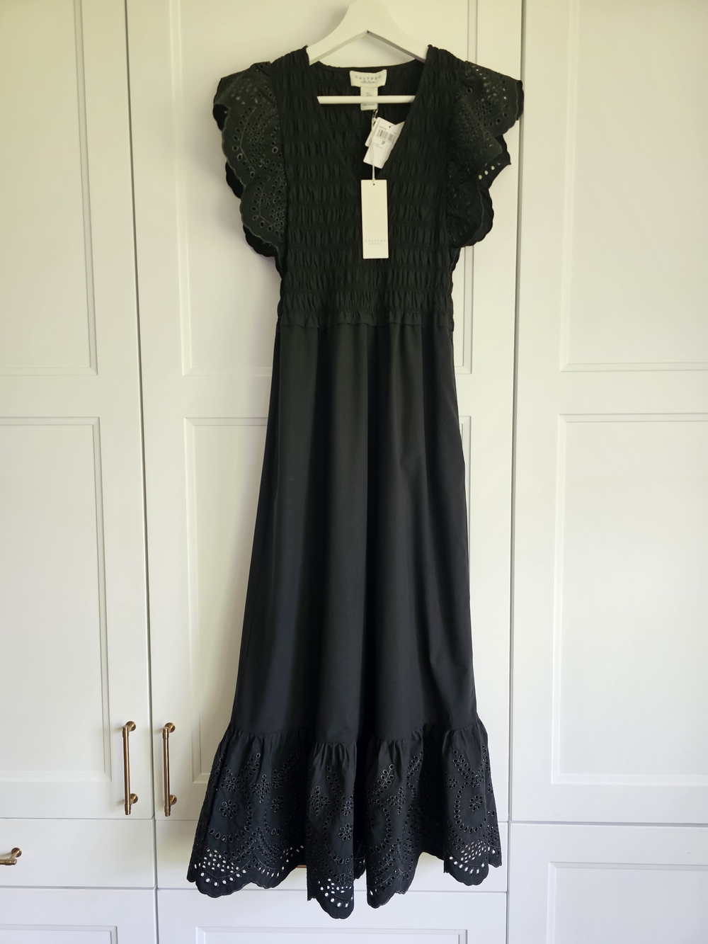 Calypso St Barth Smocked Black Maxi Dress with Eyelet Flutter Sleeves NWT $259